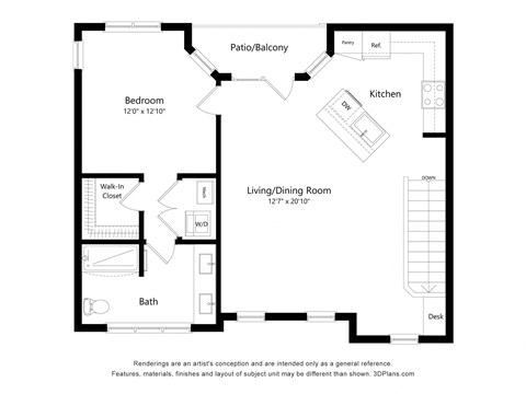 Floor plan for 1 bed, 1 bath, 967 sqft